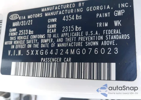 2021 Kia K5 Gt-Line from USA, damaged, VIN 5XXG64J24MG076023